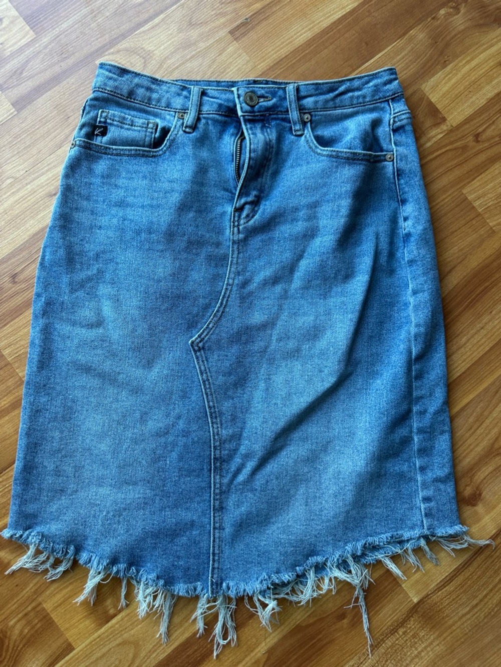 KanCan Blue Denim Midi Skirt with Frayed Hem